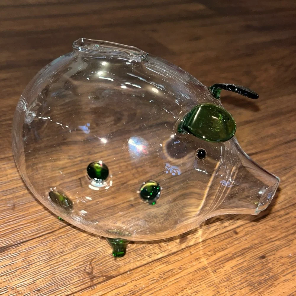 Clear Glass Piggy Bank W/Green Accents Hi-Quality Crystal-Clear Glass Hand-Made